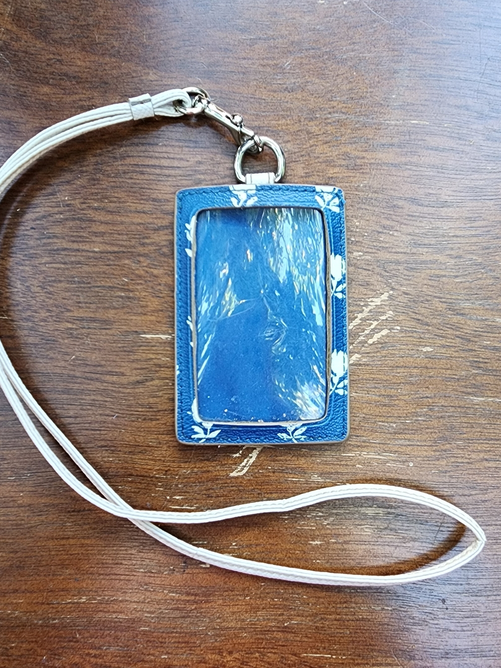Coach Rose Meadow Floral Print Leather ID Badge Holder Lanyard Blue Multi